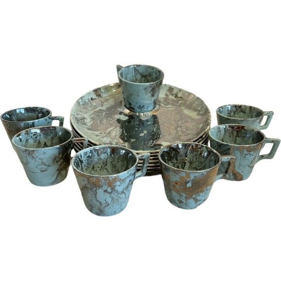 Sasha Brastoff Snack Plate Cup Surf Ballet Pattern Turquoise Platinum Marble - Picture 1 of 16